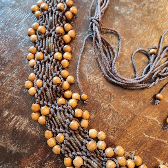 Vintage 70s Macramé Belt Wooden Beads and Tigers Eye Agate 69" BOHO Retro Hippie - Picture 7 of 13
